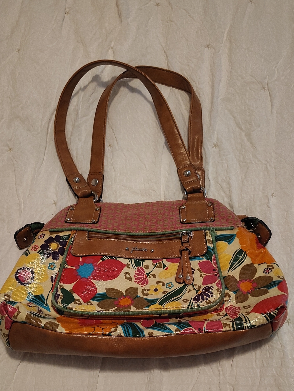 Plum Brand-;Floral Multi-Color Shoulder Bag with Tan Trim